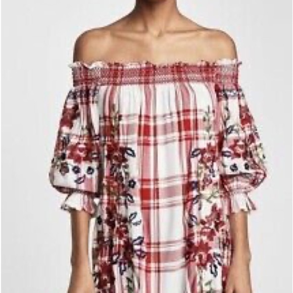 Zara Red Check Dress With Floral Embroidery Off Shoulder Dress Size S - Picture 3 of 17